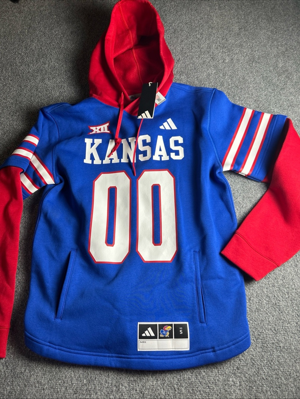 adidas Royal Blue Hoodie Jersey with Red & Yellow Jayhawk Patch